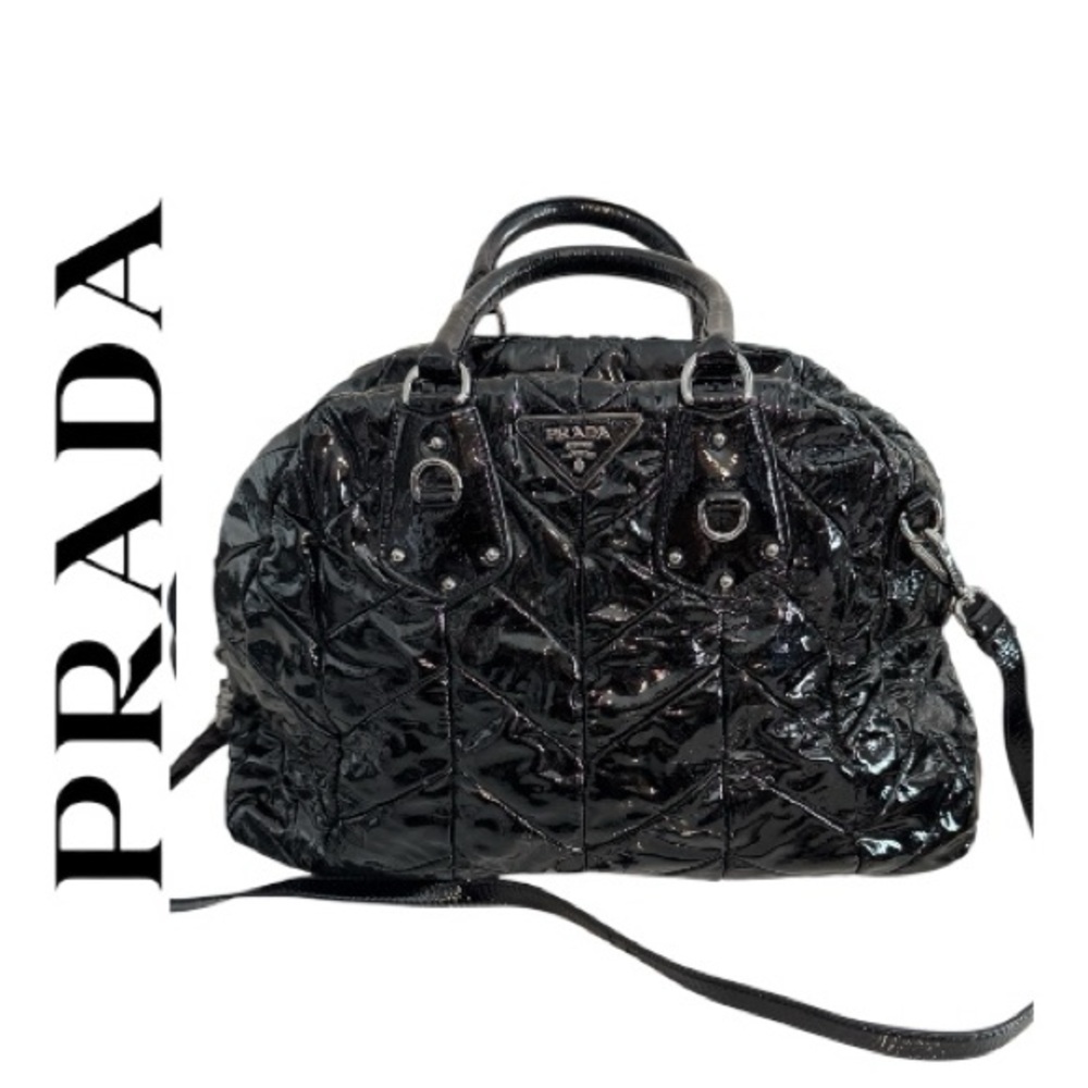 Vintage Prada Black Patent Leather Quilted Shoulder Bag Large